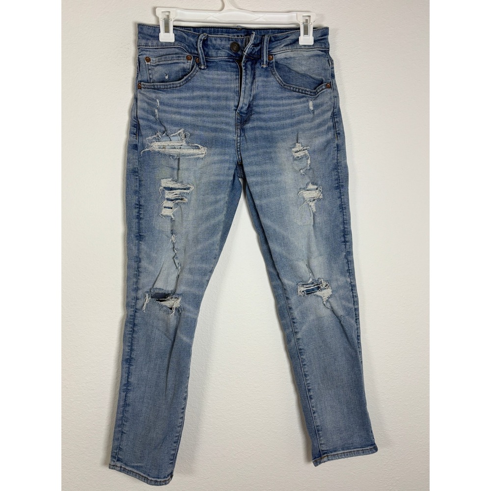 American Eagle Mens Airflex+ Skinny Distressed Ripped Jeans Light Wash 28x28